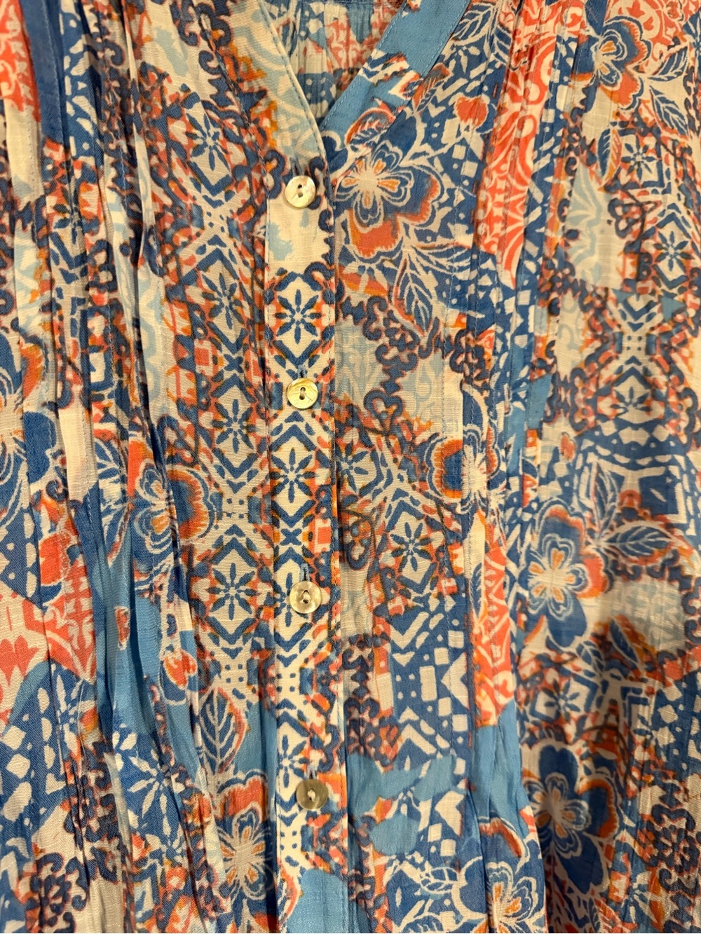 Ruby Rd. Blue and Coral Floral Patchwork V-Neck Blouse - Picture 3 of 4